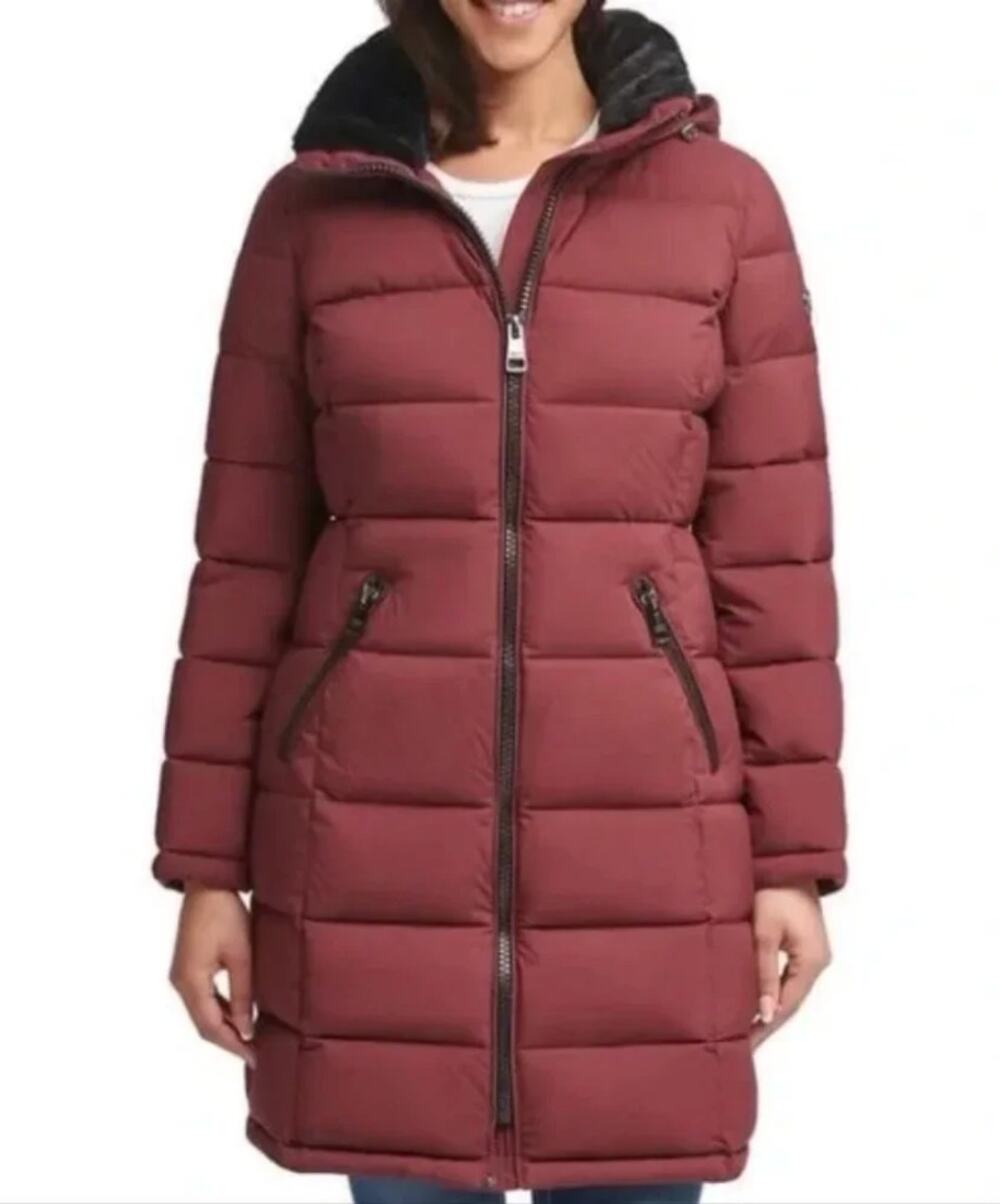 Andrew Marc Long Faux Fur Collar Puffer Coat Oxblood Size M
